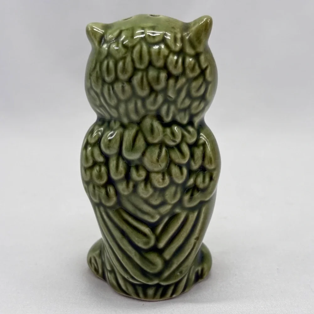 Green Owl Ceramic Salt or Pepper Shaker Single Japan Olive Green Vintage